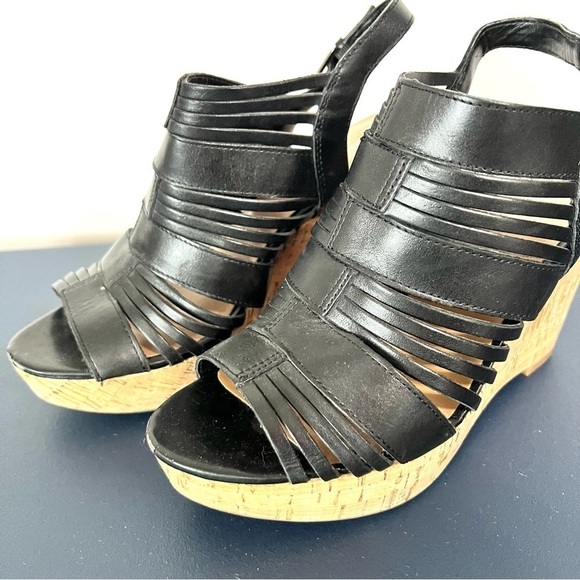 Franco Sarto Sharp Sandals Faux Black Leather Platform Cork Wedge Slingback 8.5 - Picture 2 of 13